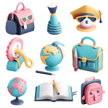 Isolated 3D education and school icon set png