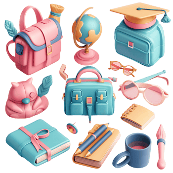 3D school icons set isolated on transparent png