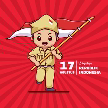 Cute Boy Holding Indonesian Flag Cartoon Icon Illustration. People Holiday Icon Concept Isolated Premium . Flat Cartoon Style vector