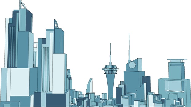 3D illustration of a bustling urban cityscape, featuring towering buildings and a dynamic skyline. vector