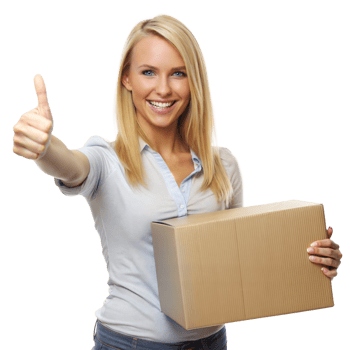 Happy Woman Giving Thumbs Up While Holding a Cardboard Box png
