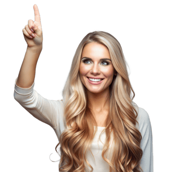 Woman With Blonde Hair Pointing Upwards With a Smile png