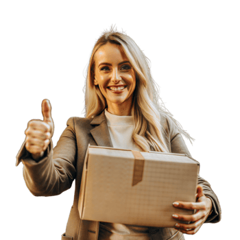 Happy Woman Giving Thumbs Up While Holding a Package png