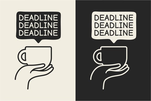 Illustration of a hand holding coffee with deadline text. vector
