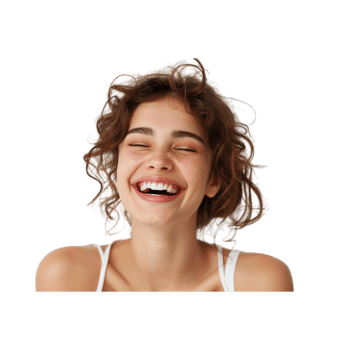 Portrait Of A Young Woman With Curly Brown Hair Laughing With Eyes Closed png