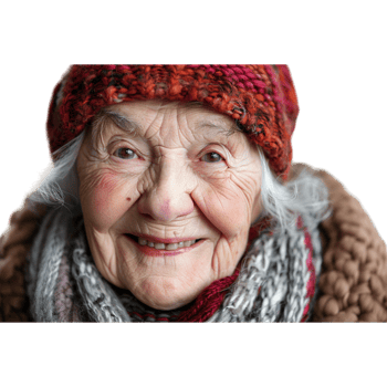 Close Up Portrait of a Smiling Elderly Woman Wearing a Red Knit Hat and Scarf png