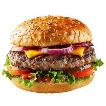 Close-Up of a Sesame Seed Bun Cheeseburger With Lettuce, Tomato, and Onion png