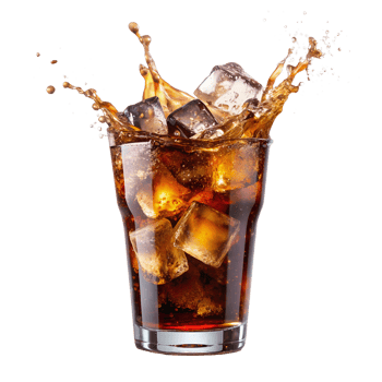 Refreshing glass of cola with ice cubes splashing out, perfect for representing a cool beverage or drink advertisement. png