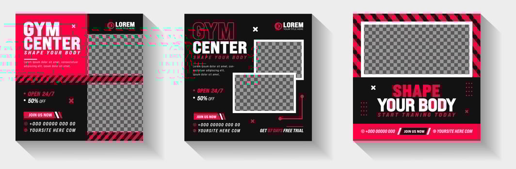 Set of Fitness Gym social media post banner design template with red and black color. Sports or Workout exercise Stylish graphics template social media post square promotion banner. gym post banner. vector