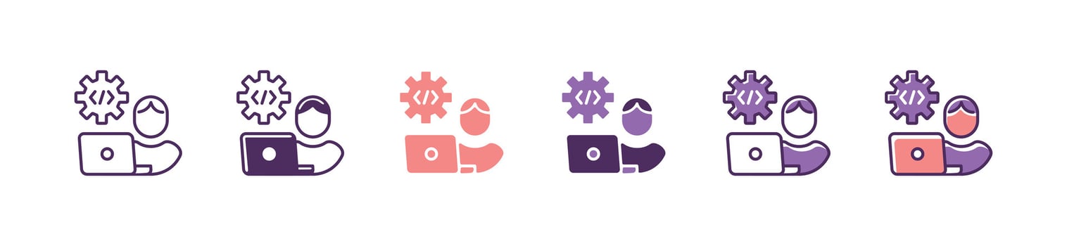 man with laptop building software development programming icon computer coding for business setup with cog gear symbol illustration vector