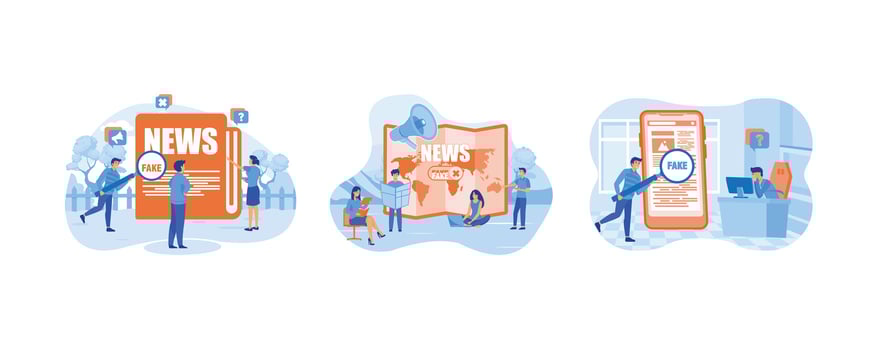People scan fake news published on social networks. Fake News and Gossips. Man with magnifying glass scanning and check news on smartphone. Set flat modern illustration vector