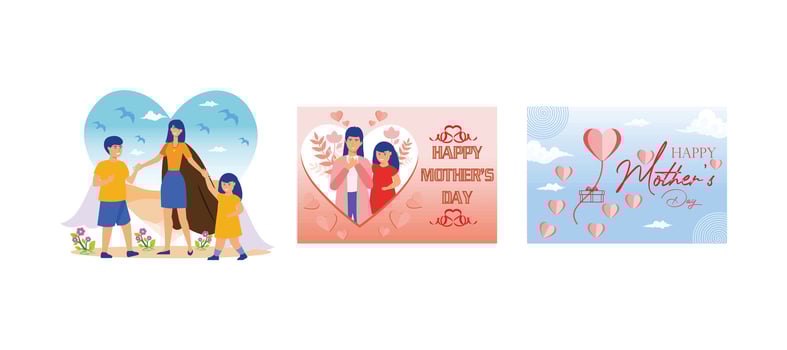 Superhero Mom with children. Young mother hugged by her daughter. Mother's day card with flying paper elements and gift box. Set flat modern illustration vector