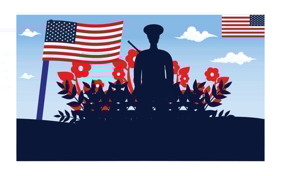 Silhouette of a soldier with red poppies for Memorial Day. flat modern illustration vector
