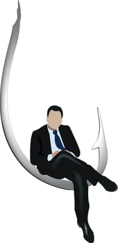 Businessman sitting on a fishing hook representing risk concept vector