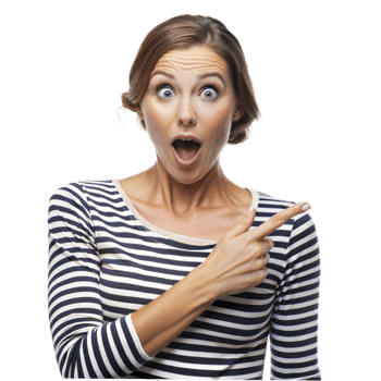 Surprised Woman in Striped Shirt Pointing Right png