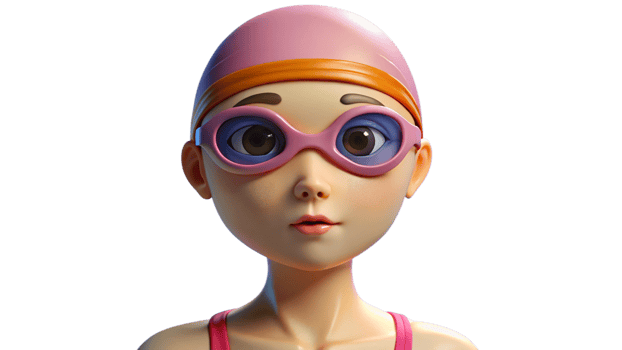 3D Render of a Girl Wearing a Pink Swim Cap and Goggles png