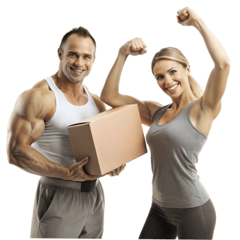 Happy Couple Holding Cardboard Box While Posing With Arms Raised png