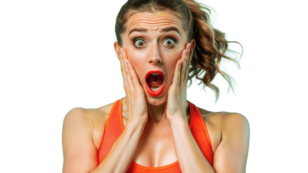 Woman in Orange Tank Top Expresses Shock and Surprise png