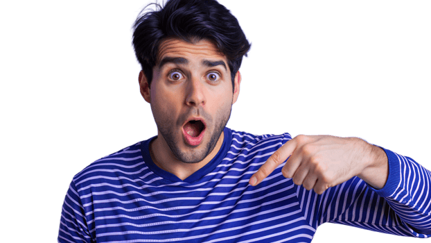 Surprised Man in Blue Striped Shirt Points Downward png