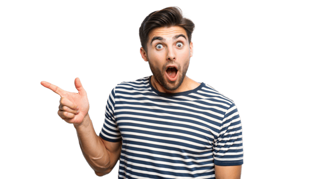 Surprised Man Pointing Right in Striped Shirt png