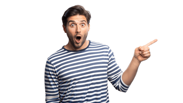Surprised Man in Striped Shirt Pointing Right png