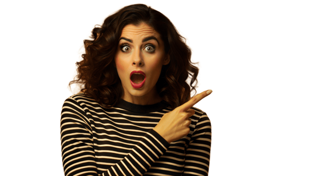 Woman With Curly Hair in a Striped Shirt Points Right With a Shocked Expression png