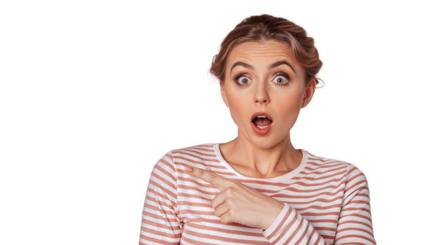Woman In Pink Striped Shirt With Surprised Expression Points To The Right png