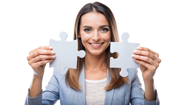 Smiling Woman Holding Two Puzzle Pieces Together png