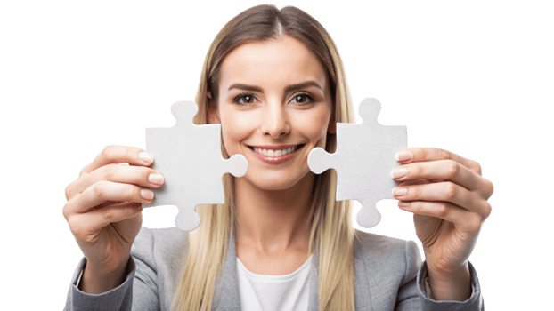 Woman Holding Two Puzzle Pieces in Front of Her Face png