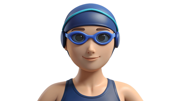 3D Render of Female Swimmer Wearing Blue Swim Cap and Goggles png