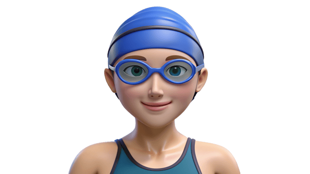 Smiling Cartoon Swimmer Wearing Blue Swim Cap and Goggles png