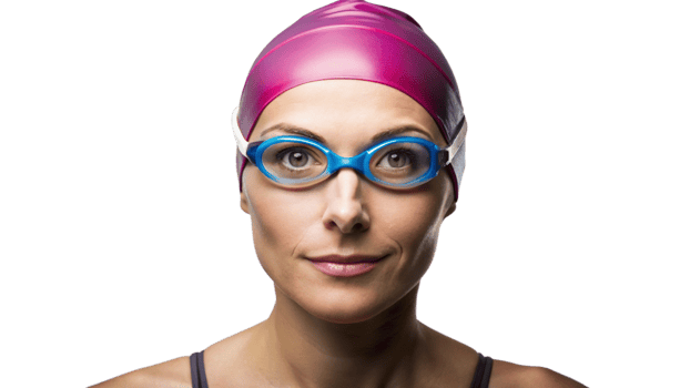 Female Swimmer Wearing Pink Swim Cap and Blue Goggles png