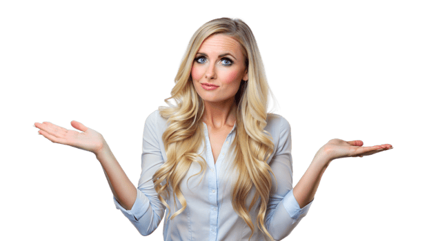 Woman With Blonde Hair Gesturing With Both Hands in a White Shirt png