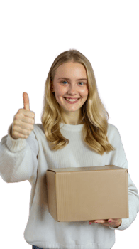 Young Woman Holding Cardboard Box and Giving Thumbs Up png