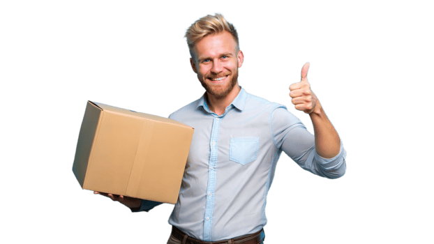 Happy Man Holding Cardboard Box Giving Thumbs Up png