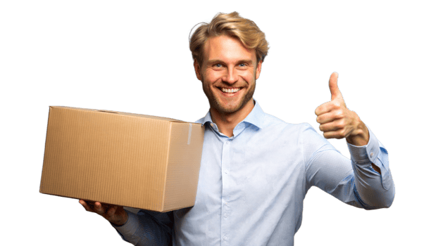 Smiling Man Holding Cardboard Box and Giving Thumbs Up png
