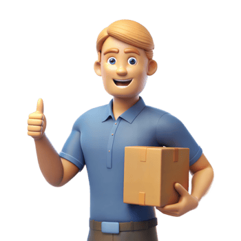 Smiling Cartoon Delivery Man Holding a Cardboard Box With Thumbs Up png