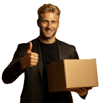 Happy Man in Black Suit Giving Thumbs Up Holding Cardboard Box png