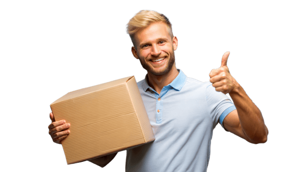 Happy Man Holding Cardboard Box and Giving Thumbs Up png