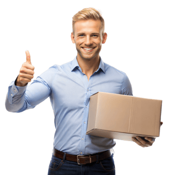 Smiling Man Holding Cardboard Box and Giving Thumbs Up png