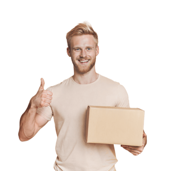 Smiling Man Holding Cardboard Box and Giving Thumbs Up png
