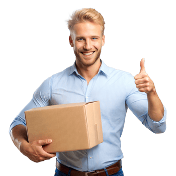 Smiling Man Holding Cardboard Box and Giving Thumbs Up png