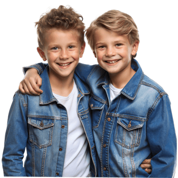 Two Smiling Boys Wearing Denim Jackets Pose Together png