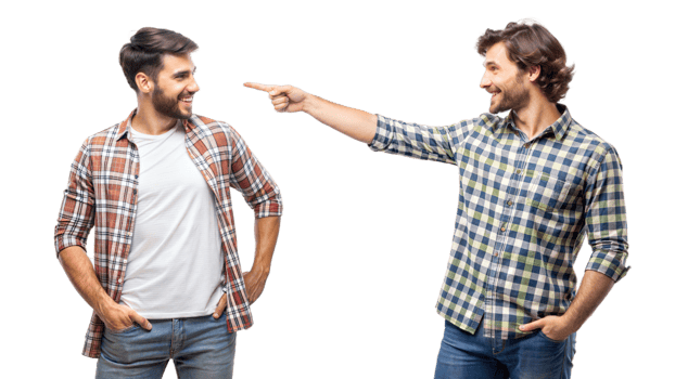 Two Men In Plaid Shirts Pointing At Each Other png
