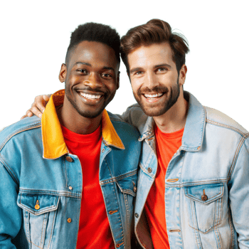 Two Smiling Men Wearing Denim Jackets and Red T-Shirts png