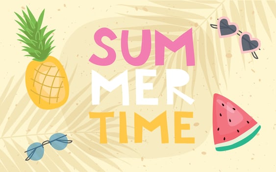 Summer time banner. Trendy illustration with tropical fruits and sunglasses on a beach background for poster, card, banner, invitation. Sunny border vector