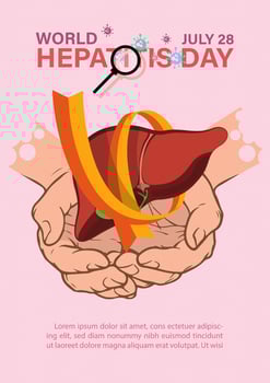 world hepatitis's day campaign's poster with human liver on hands in flat style vector