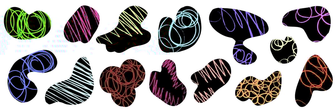 Abstract blob Freeform amoeba shapes set of colored children's texture doodle strokes curls vector