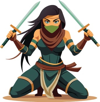 Female Ninjia in knee position with swords- vector