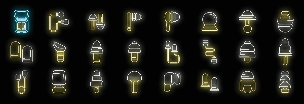 Earplugs icons set neon vector